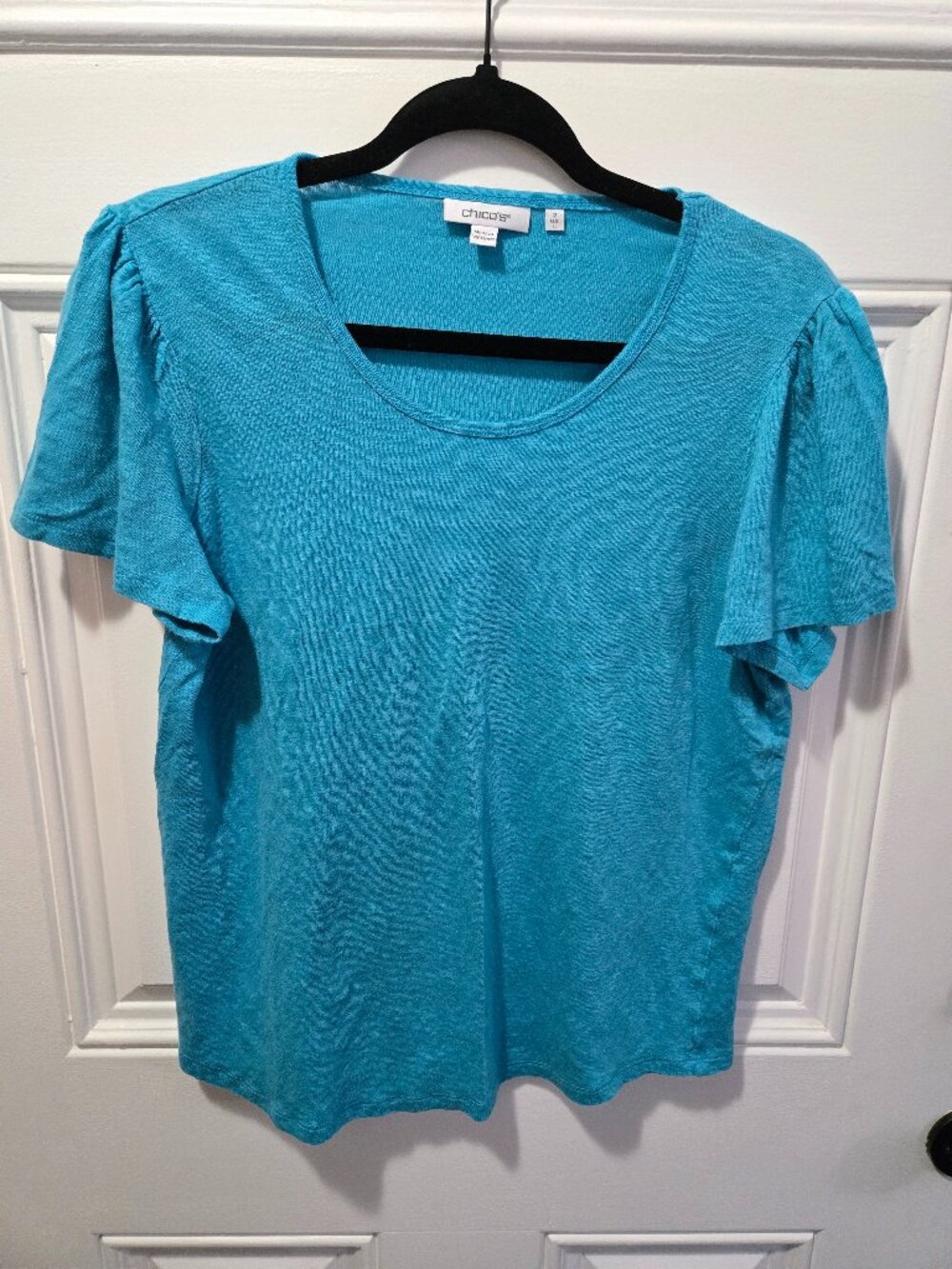 Chico's 2 US Large 100% Linen Turquoise Puff Sleeve Tee Top L